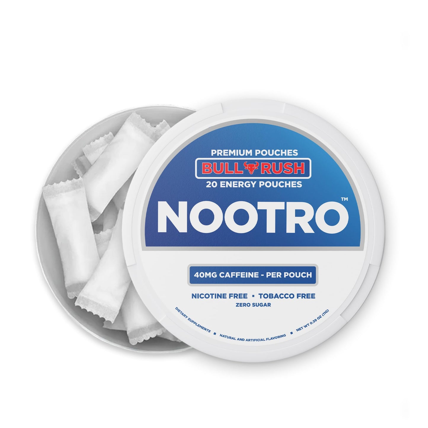 Nootro Energy Pouches | Caffeine Pouches | Nootropics | 40 mg Natural Caffeine | Vitamin B6 | Magnesium | Sugar Free | Nicotine Free | Tobacco Free | 20 Pouches Per Can | 1 Pack (Bull Rush)