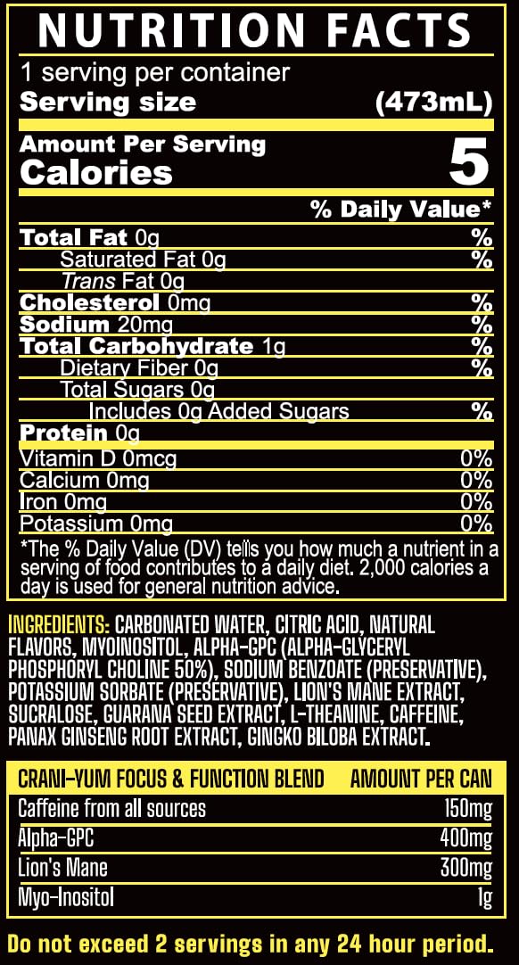 CraniYum Nootropic Energy Drink  12 Pack Variety Pack  Dr Yum  Grapefruit Soda 16oz  Energy  Focus Sugar Free No Artificial Colors Lions Mane Alpha GPC LTheanine Gingko Biloba Ginseng Inositol