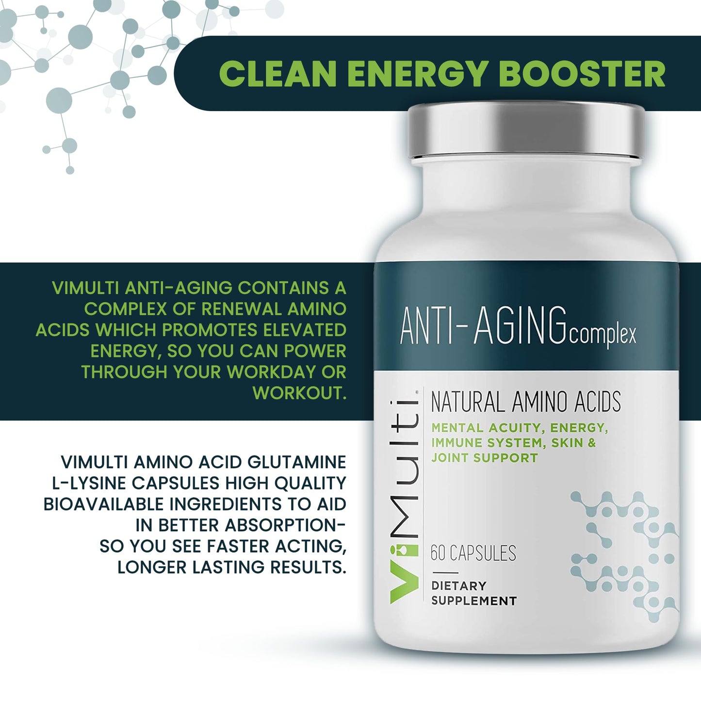 vimulti Anti-Aging Natural Amino Acid Supplement for Longevity - Supports Immune Health, Increased Energy, Smoother Skin Tone and Restorative Sleep - 60 Capsules