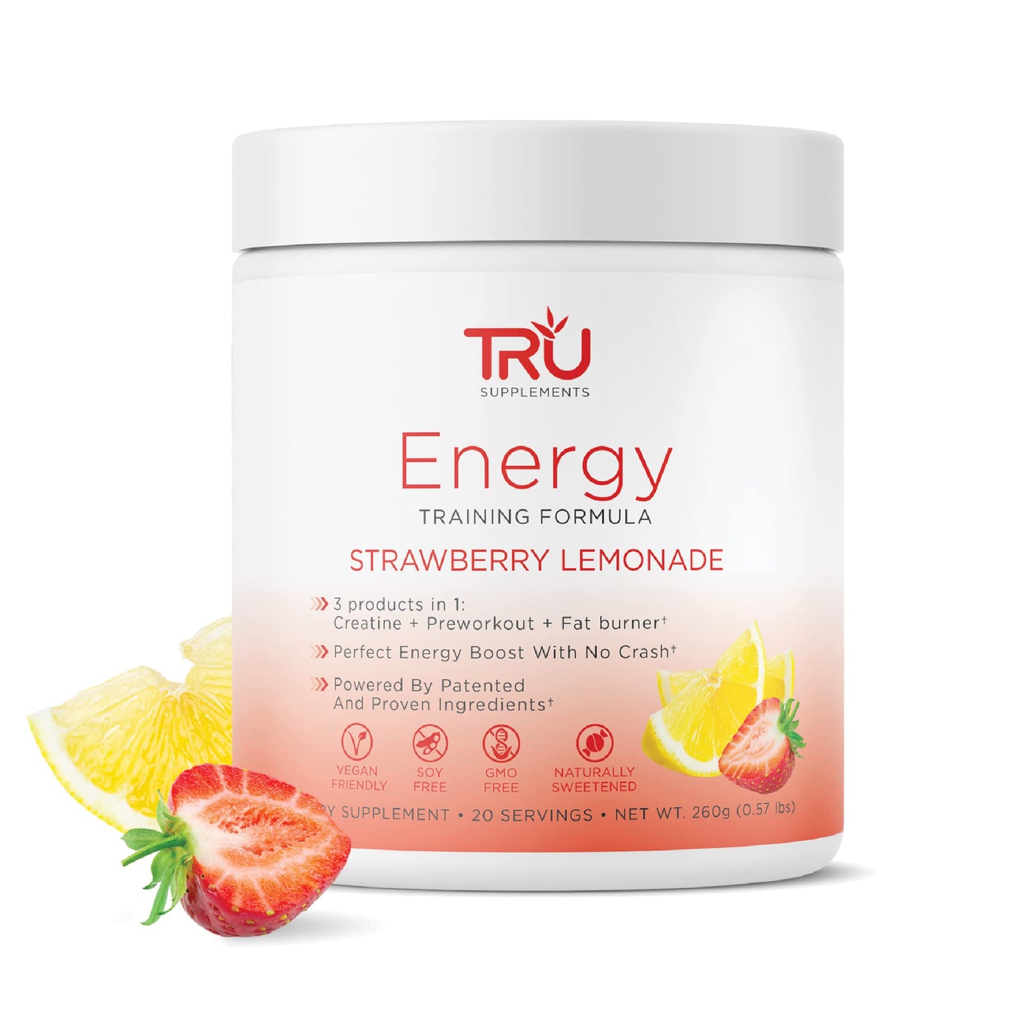 TRU Supplements Energy, Pre Workout Training Formula, Vegan Friendly, No Jitters, Improve Workout Performance, Naturally Extracted Flavors, 20 Servings (Strawberry Lemonade)