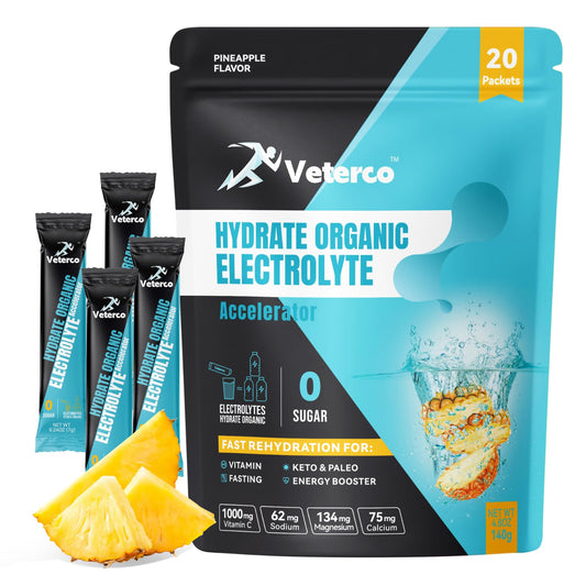 Veterco Hydration Electrolyte Powder, Electrolyte Drink, Hydration Supplement Drink Mix, Hydration Packets with Vitamin & Mineral, Keto Friendly, Vegan, Non-GMO, No Sugar, Pineapple Flavor (20 Sticks)
