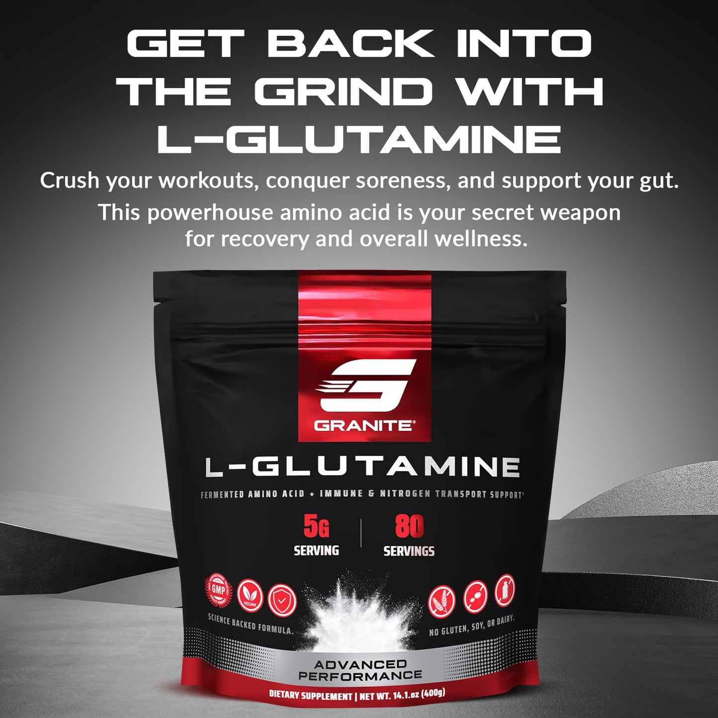 Granite L-Glutamine Powder, Supports Muscle Recovery, Gut Health, Post-Exercise, Immune & Nitrogen Transport (80 Servings)