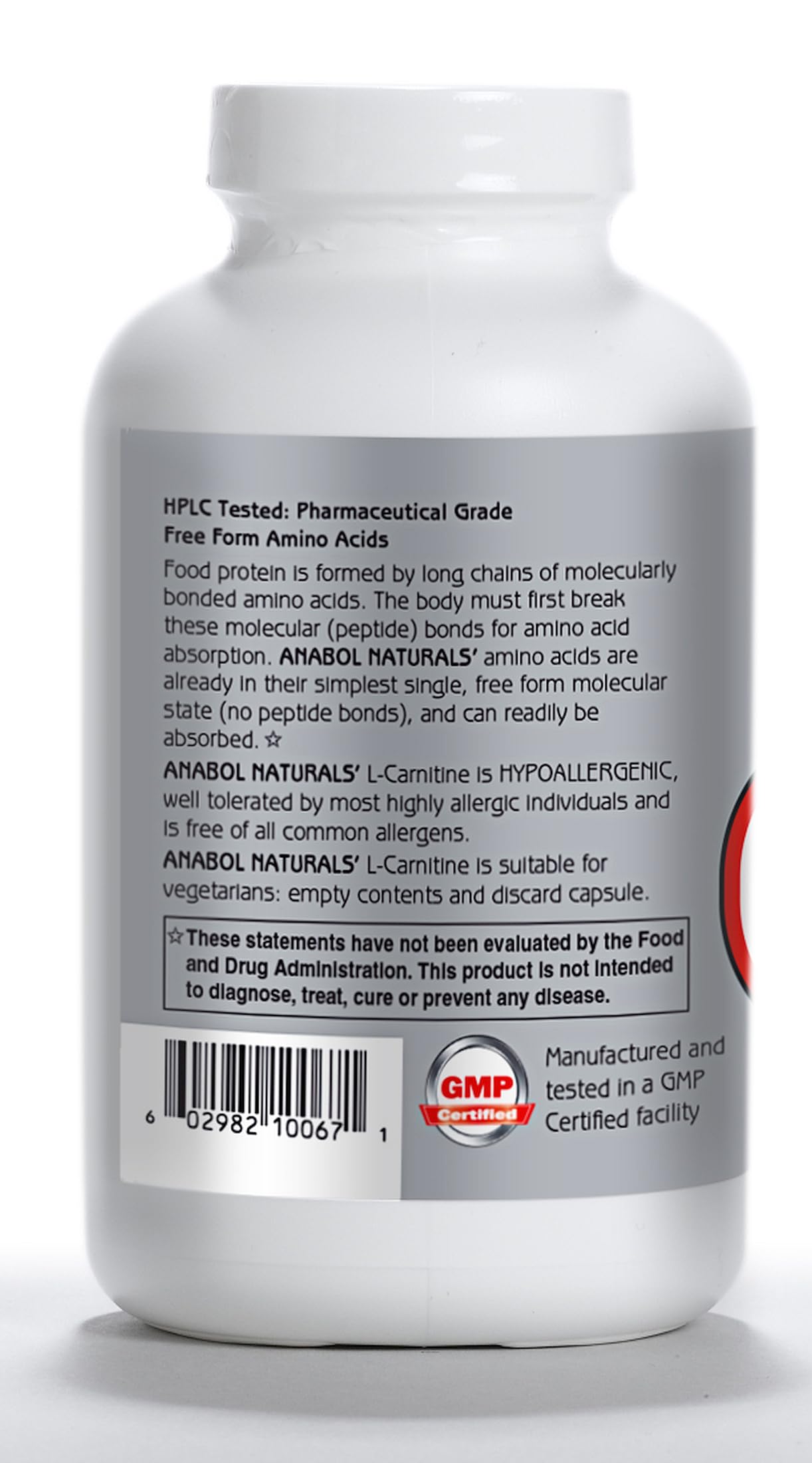 Anabol Naturals L-Carnitine 120 Capsules- 500mg Pure L-Carnitine Per Capsule, 120 Servings