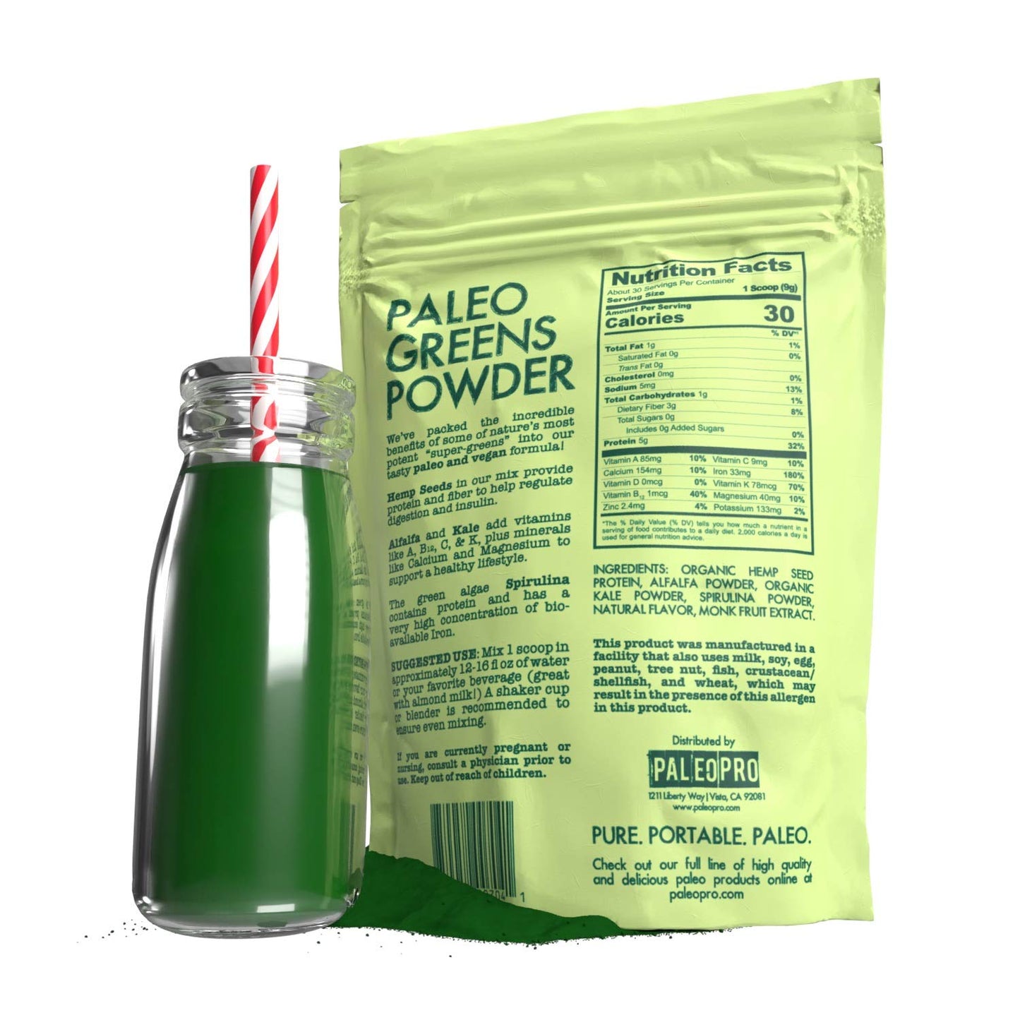 PaleoPro Paleo Greens Powder, Plant-Based Vegan Protein Powder, Vitamin B12, Keto Ingredients, Gluten-Free, Good Source of Fiber, Calcium, Magnesium, Vitamins A & C, Vitamin K & Iron, No Sugar, 9.4oz