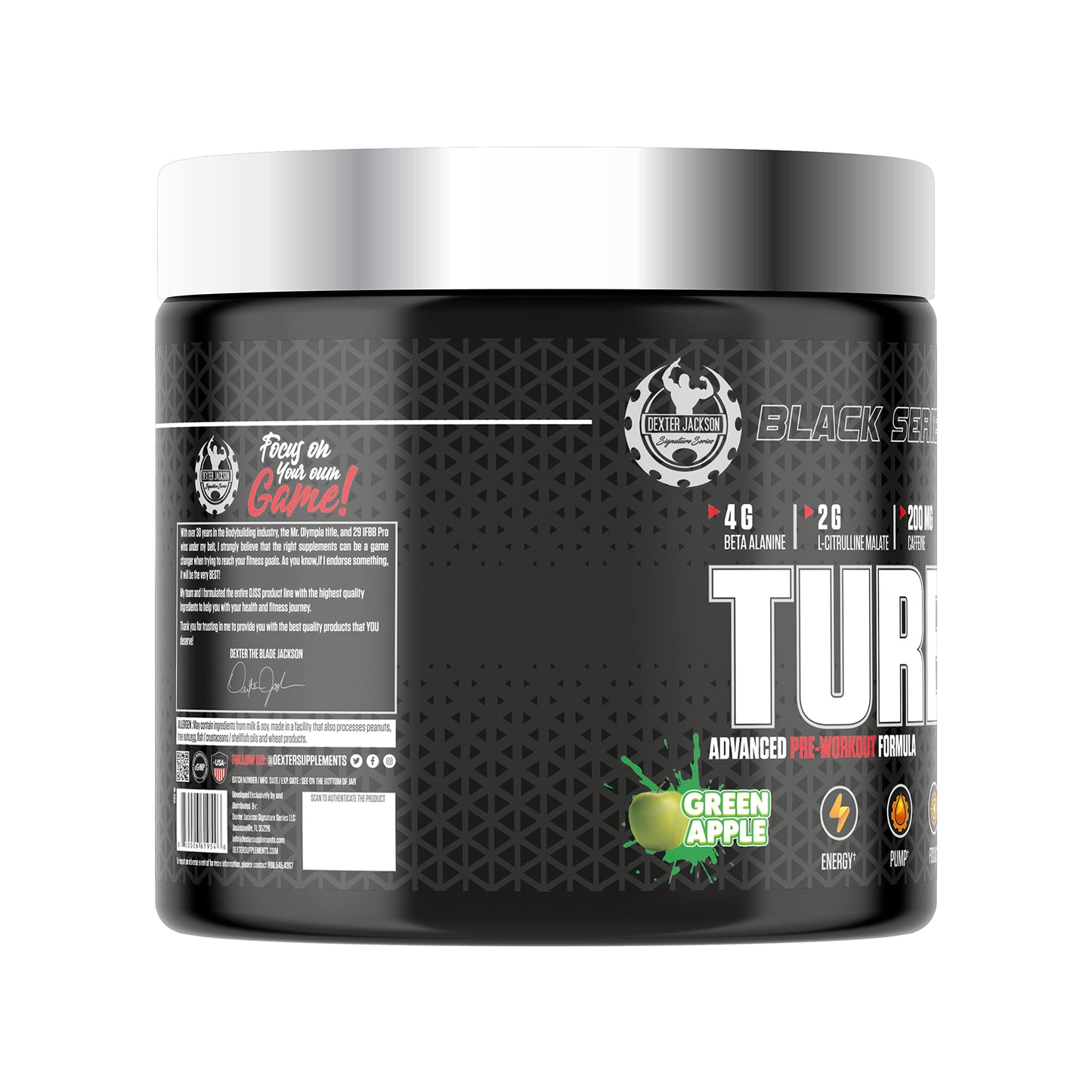 DEXTER JACKSON Black Series Turbo HP Pre Workout | Flavoured, Advanced Formula | Boost Energy and Performance | 45 Servings, 450 Gram (Regular, Green Apple)