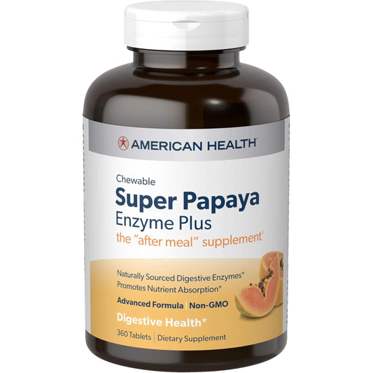 American Health Super Papaya Enzyme Plus Chewable Tablets, Natural Papaya Flavor, 2 Pack - Promotes Digestion & Nutrient Absorption, Contains Papain & Other Enzymes - 360 Count, 240 Total Servings