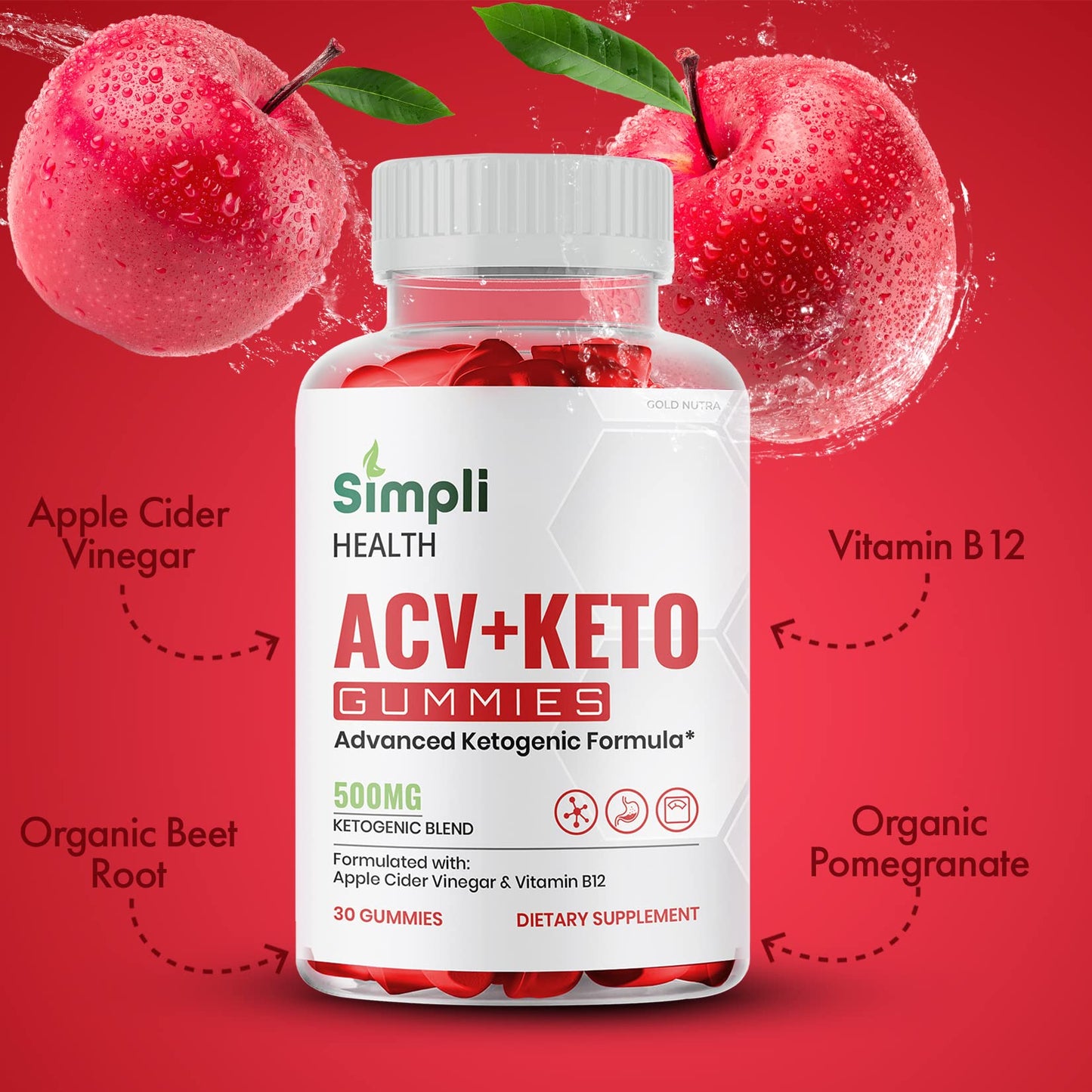 Gold Nutra (3 Pack) Simpli Health ACV Keto Gummies, Maximum Strength