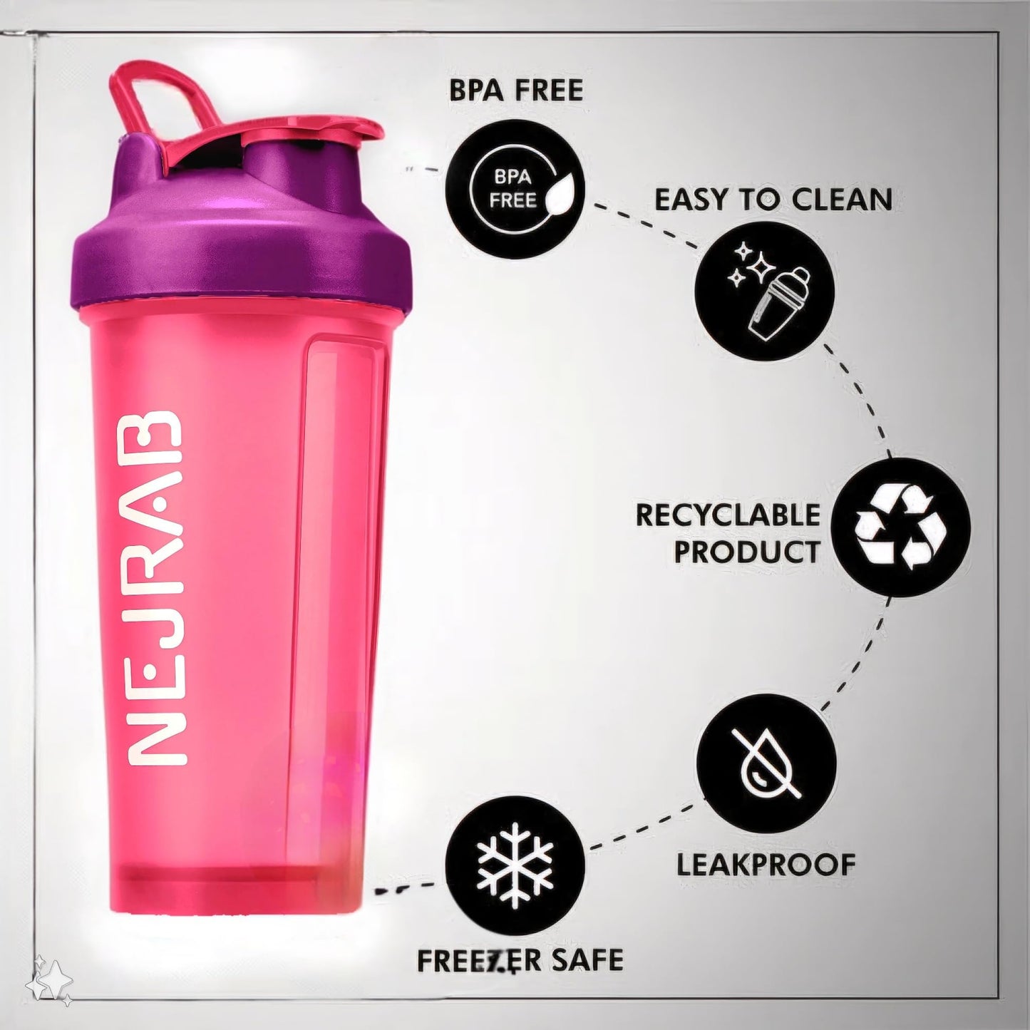 NEJRAB - Shaker cups for protein shakes, with Wire Whisk Ball | Blender Bottles for Protien Mixes, Pre Workout Protein Drink | 28 oz | Cocktail Shaker Cup| Weight Loss Supplements Shakes (pink)