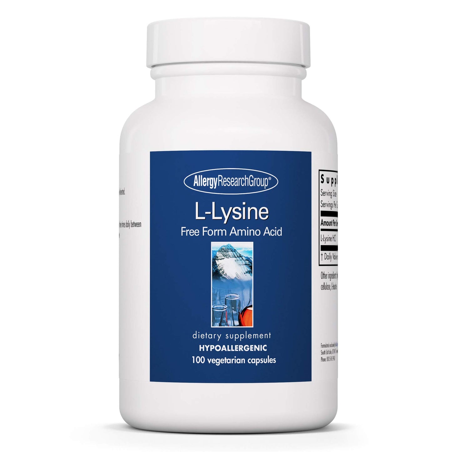 Allergy Research Group L-Lysine - Immune Support, L-Lysine HCI, Free Form Amino Acid, 500mg Supplement, Pure, Organic, Vegetarian Capsules - 100 Count