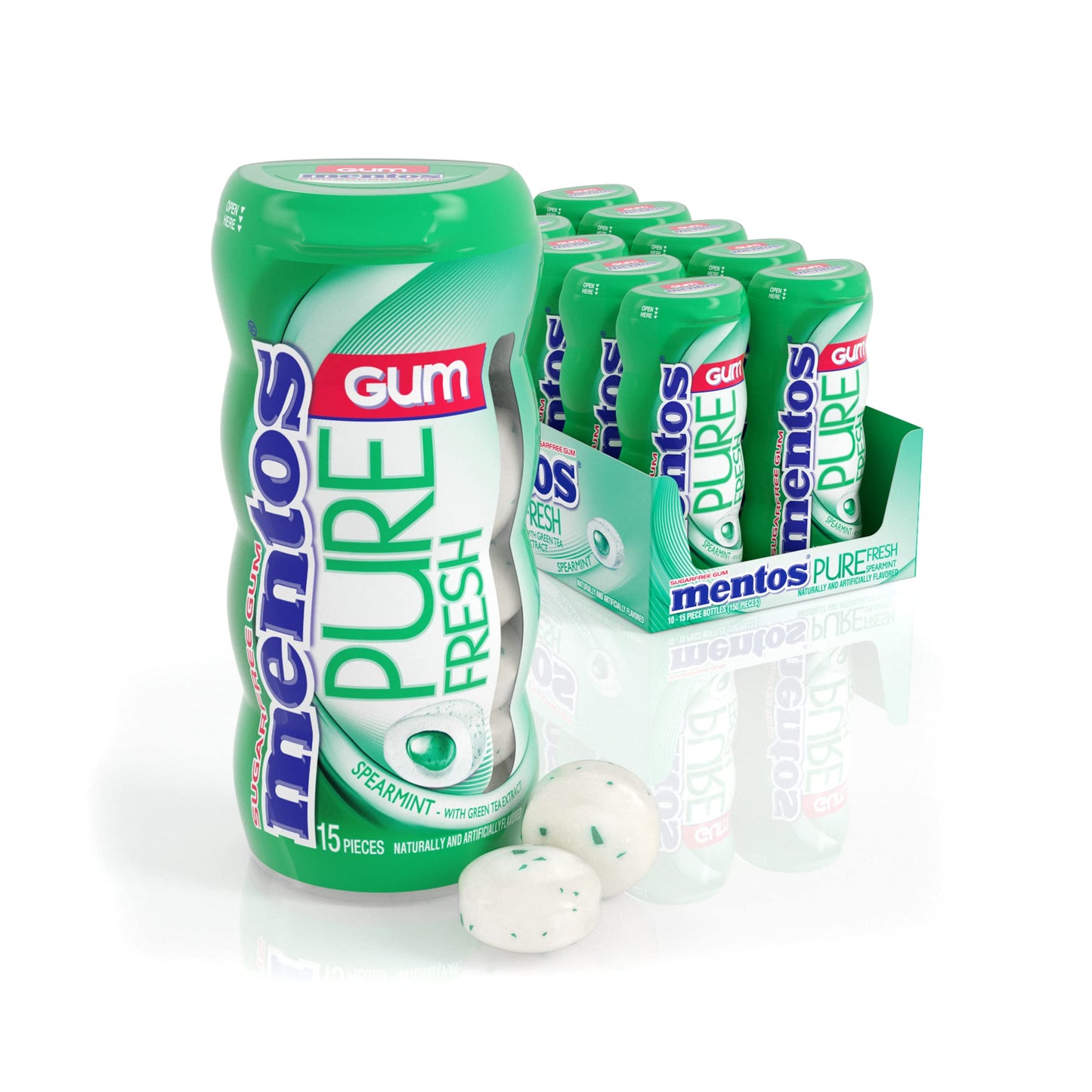 Mentos Pure Fresh SugarFree Chewing Gum with Xylitol Spearmint 15 Piece Bottle Bulk Pack of 10