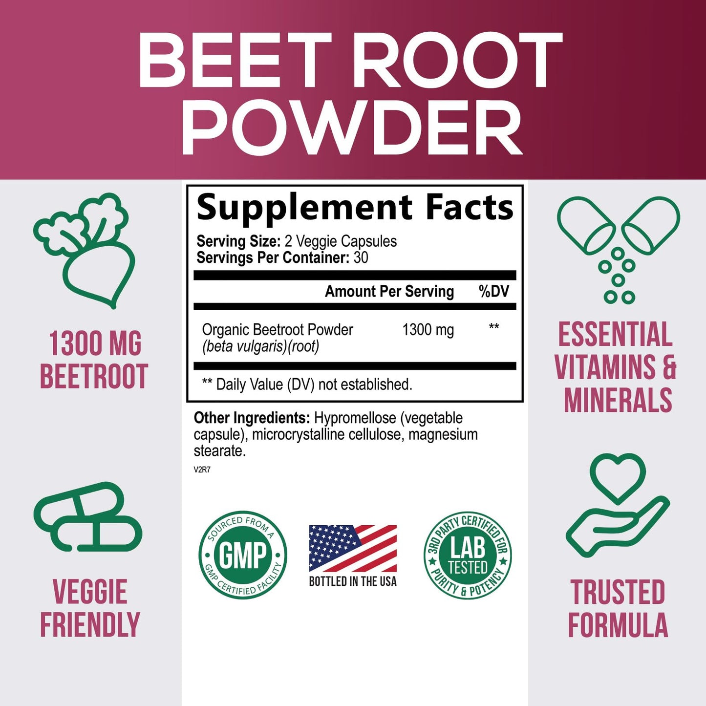 Beetroot Supplement - 1300mg Extra Strength Red Beet Root Powder Supports Nitric Oxide Production & Natural Energy - Vegan Herbal Pills Support Heart Health, GMO & Gluten Free - 60 Capsules