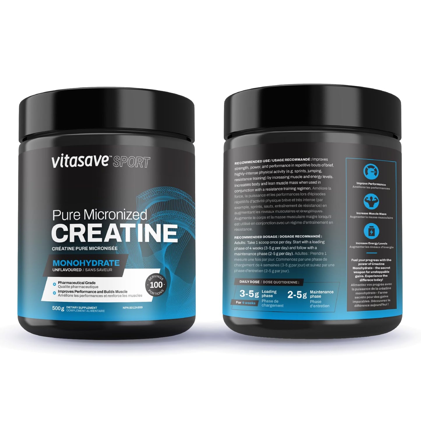 Vitasave Micronized Creatine Monohydrate Powder 500g (100 Servings) - Muscle Growth & Performance Creatine Supplement Ultra Fine Fast-Absorbing Formula for Athletes & Bodybuilders - Made in Canada