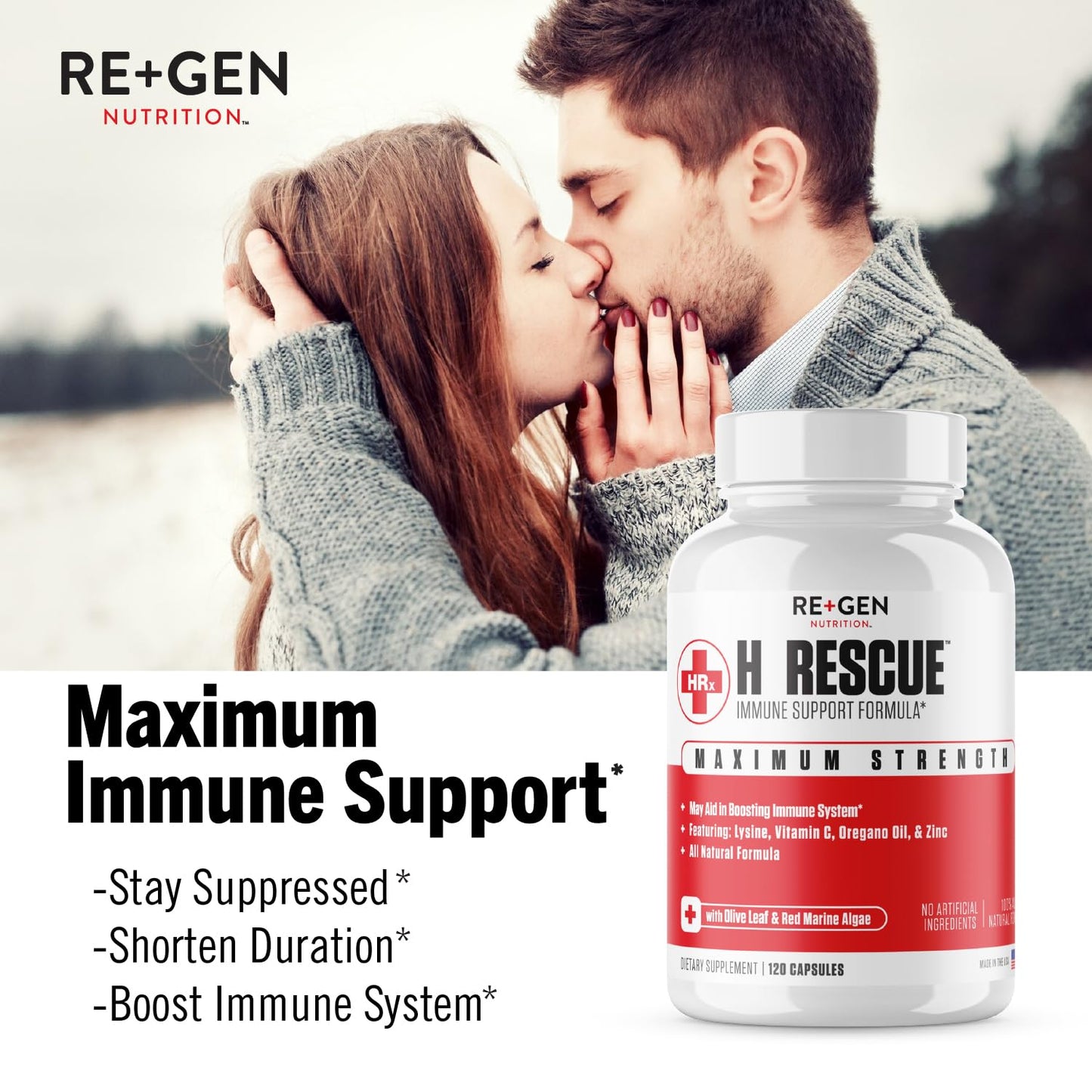 Re+Gen Nutrition H Rescue Immune Support Supplement for Adults, Capsules with Zinc, Vitamin C, L lysine Amino Acid & Oregano Oil for Immunity Health in Men & Women, 120 Capsules