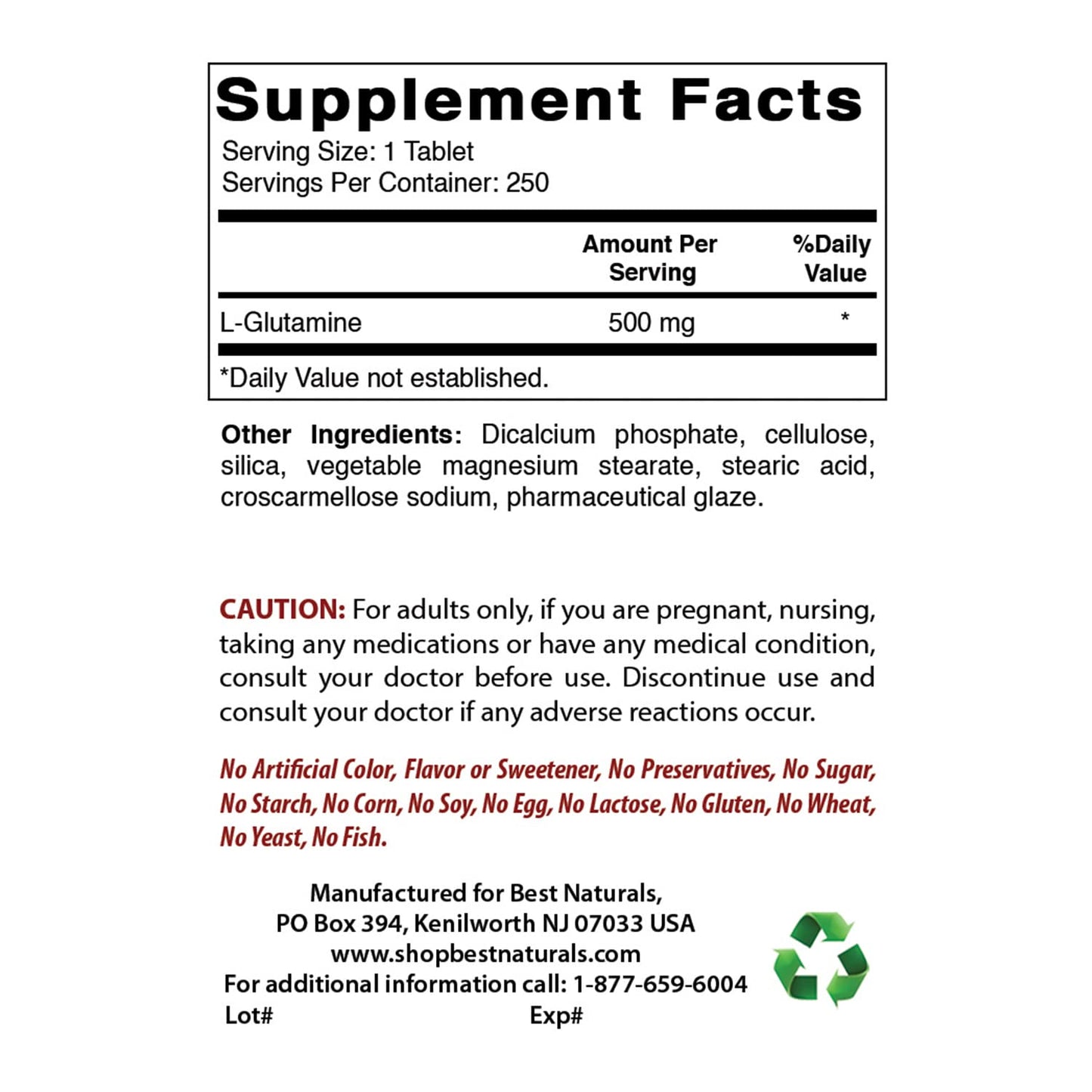 Best Naturals L-Glutamine 500mg, 250 Tablets (250 Count (Pack of 3))