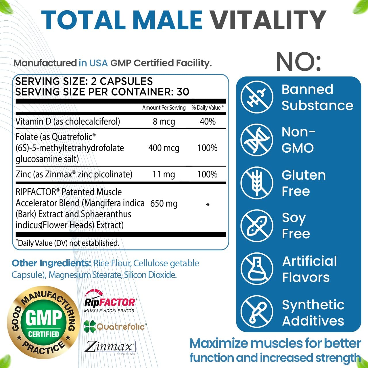 Total Male Vitality- Advanced Muscle Building Supplement for Men with RipFactor, Zinc Picolinate, Vitamin D3 & Folate- Muscle Accelerator & Builder, Nitric Oxide, Natural Energy Supplement- 60 Count