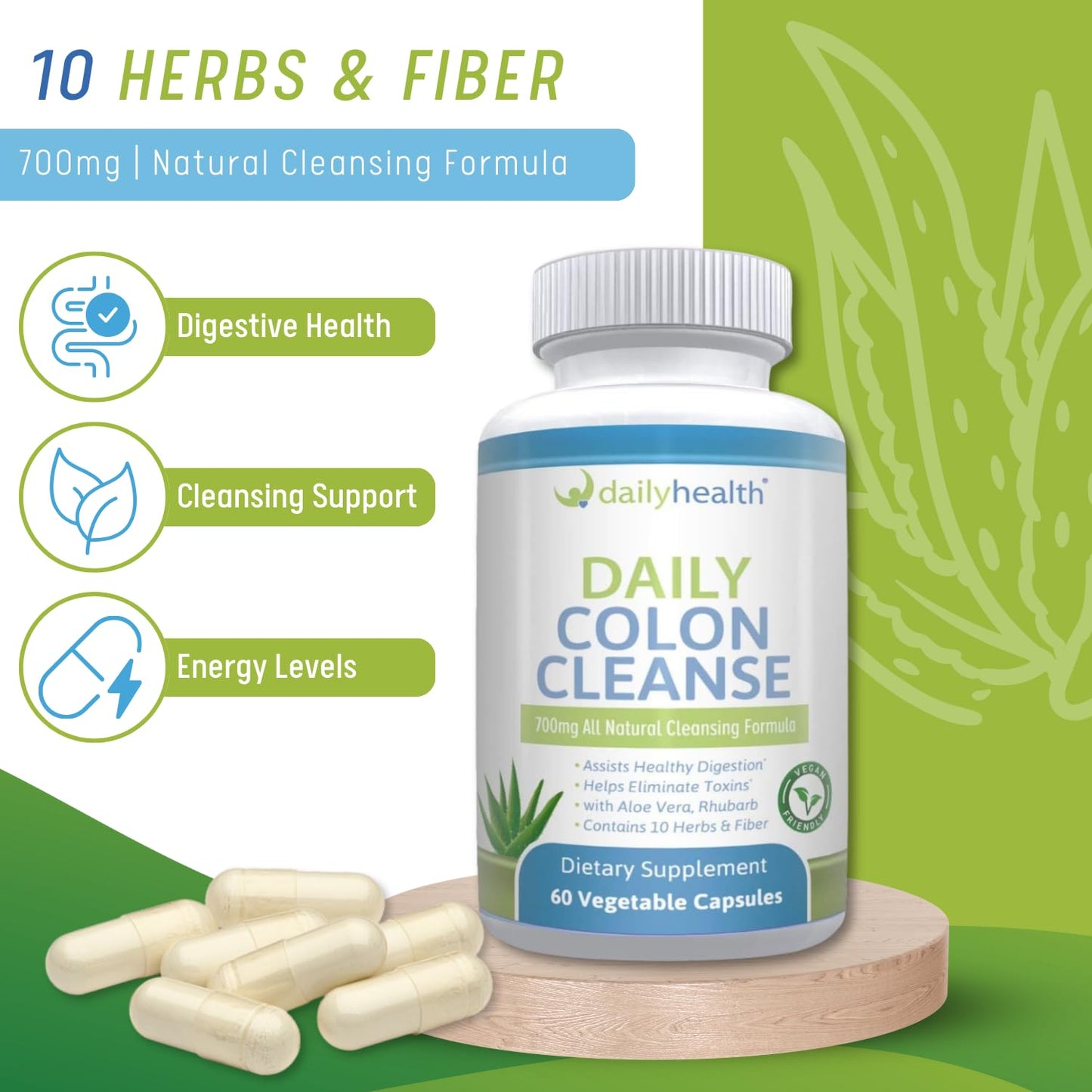 Daily Colon Cleanse 700mg All Natural Formula 10 Herbs, Fiber, Alfalfa, Aloe Vera, Rhubarb, Gentian, Buckthorn, Goldenseal, Lactobacillus acidophilus 60 Vegetable Capsules (Two 15 Day Cleansing Kits)
