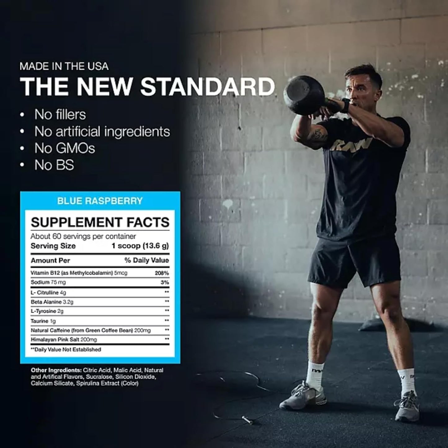 RAW Essential Pre-Workout Powder - CBUM Formula | Energy Drink for Men & Women, Muscle Pump, Focus, Stamina, Strength, Endurance & Performance Booster | Blue Raspberry Flavor, 1.85 lbs