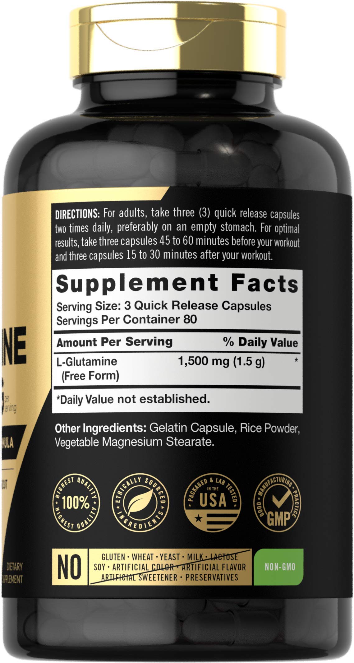 Carlyle L Glutamine Capsules | 1500mg | 240 Powder Pills | Athlete Supplement | Pre and Post Workout Formula | Non-GMO, Gluten Free