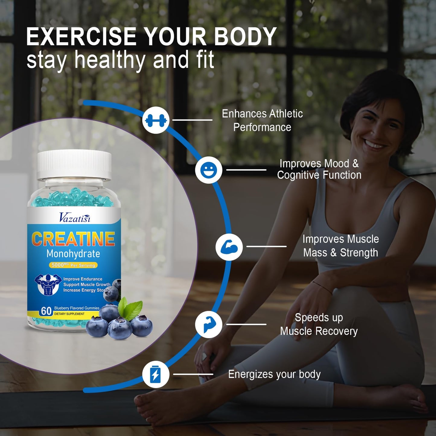 2 Pack Creatine Monohydrate Gummies for Women & Men, Sugar Free Vegan Creatine Supplement for Build Muscles, Increase Energy & Strength, Blueberry Flavor, 120 Count