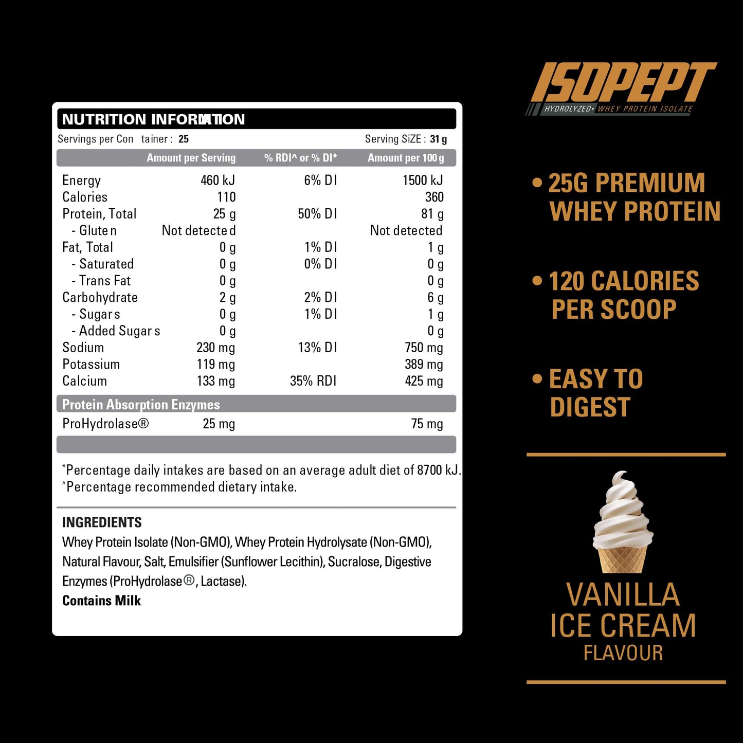 IsoPept Hydrolyzed Whey Protein Powder by EHPlabs - 100% Whey Protein Isolate & Hydrolysate, 27g of Protein, Non-GMO, Gluten Free, Fast Absorbing, Easy Digesting, 27 Serves (Vanilla Ice-Cream)