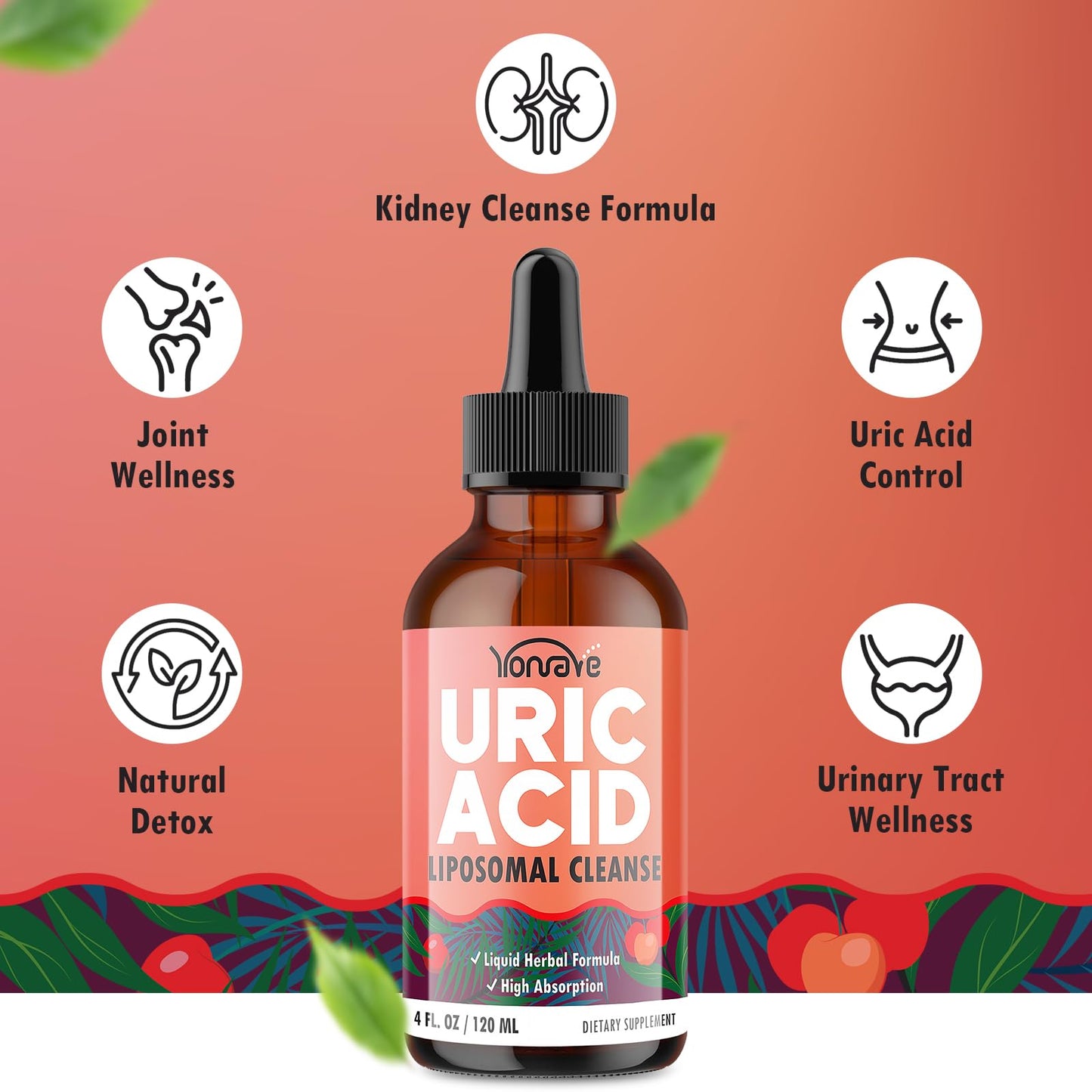 Liposomal Uric Acid Drops, Tart Cherry Supplement with Celery Seed & Boswellia Extract - Muscle, Detox, Joint and Kidney, Uric Acid Cleanse Liquid Supplement- 4 FL OZ (1 Bottle)