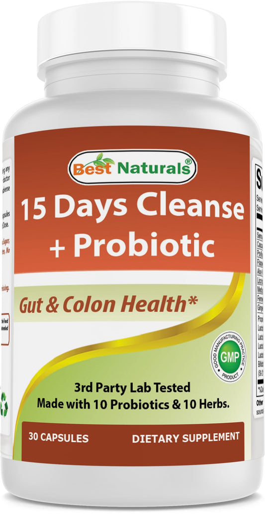 Best Naturals 15 Day Gut & Colon Cleanse + Probiotics for Women & Men with Senna, Cascara Sagrada & Psyllium Husk- 30 Capsules - Non-GMO & Gluten Free.