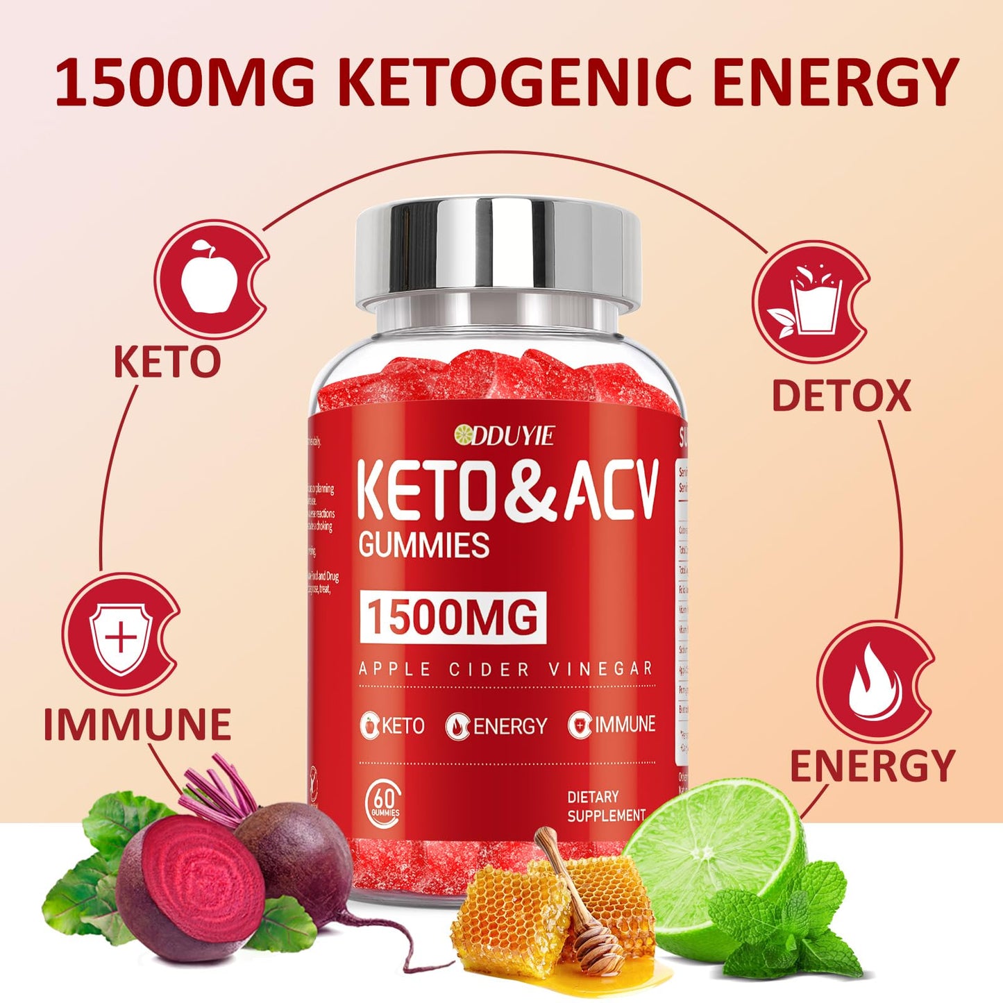 DDUYIE Keto ACV Gummies for Weight Loss - 1500mg Apple Cider Vnegar Gummies - Lemon Honey Flavor with Pomegranate Beetroot & Vitamin B12 B6 - GMO Free - Supports Metabolism, 60 Count