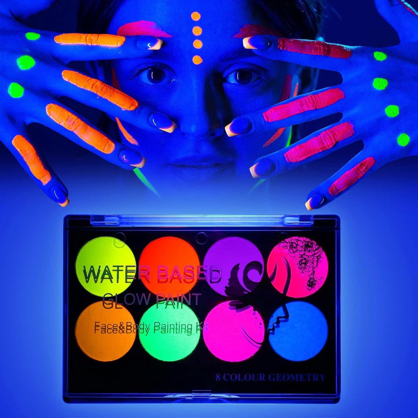 "Neon UV Blacklight Glow Face & Body Paint - 8 Bright Fluorescent Colors, Water-Activated Eyeliner - Glow-in-the-Dark Halloween & Rave Makeup - Washable, Water-Based for Kids & Adults"