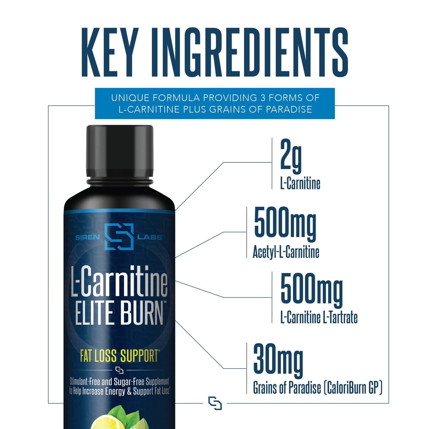 Siren Labs L-Carnitine Elite Burn Liquid Keto Fat Burner and Metabolism Activator - Fat Loss Support Keto Friendly Weight Loss Increase Energy-Stimulant Free - Lemon Lime 3000mg (32 Servings)
