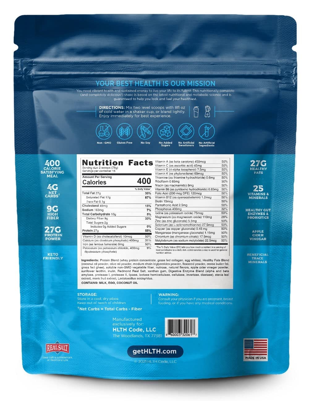 HLTH Code Complete Meal Replacement Shake - Healthiest Meal Replacement = Healthiest You | Keto Friendly | High Protein | Low Carb | Collagen | Gluten Free | Creamy Vanilla Flavor (15 servings)