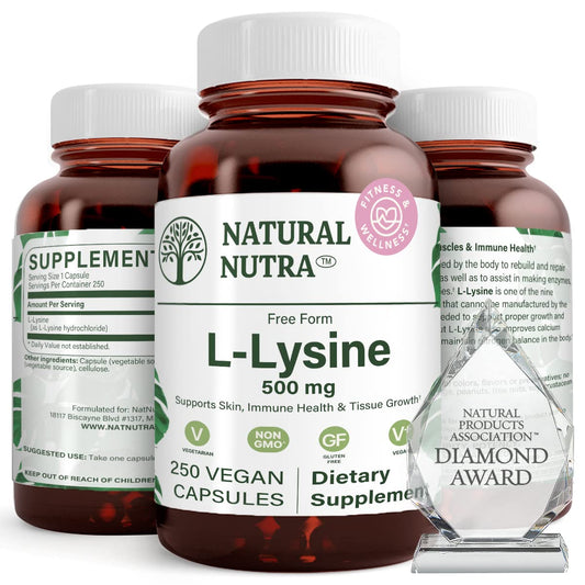 Natural Nutra L Lysine HCl, Promotes Bone Health and Growth, Support Skin Health, Improve Vitamin C Absorption, Helps Built Collagen, Improve Calcium Absorption, Non-GMO, Vegan, 500 mg, 250 Capsules.