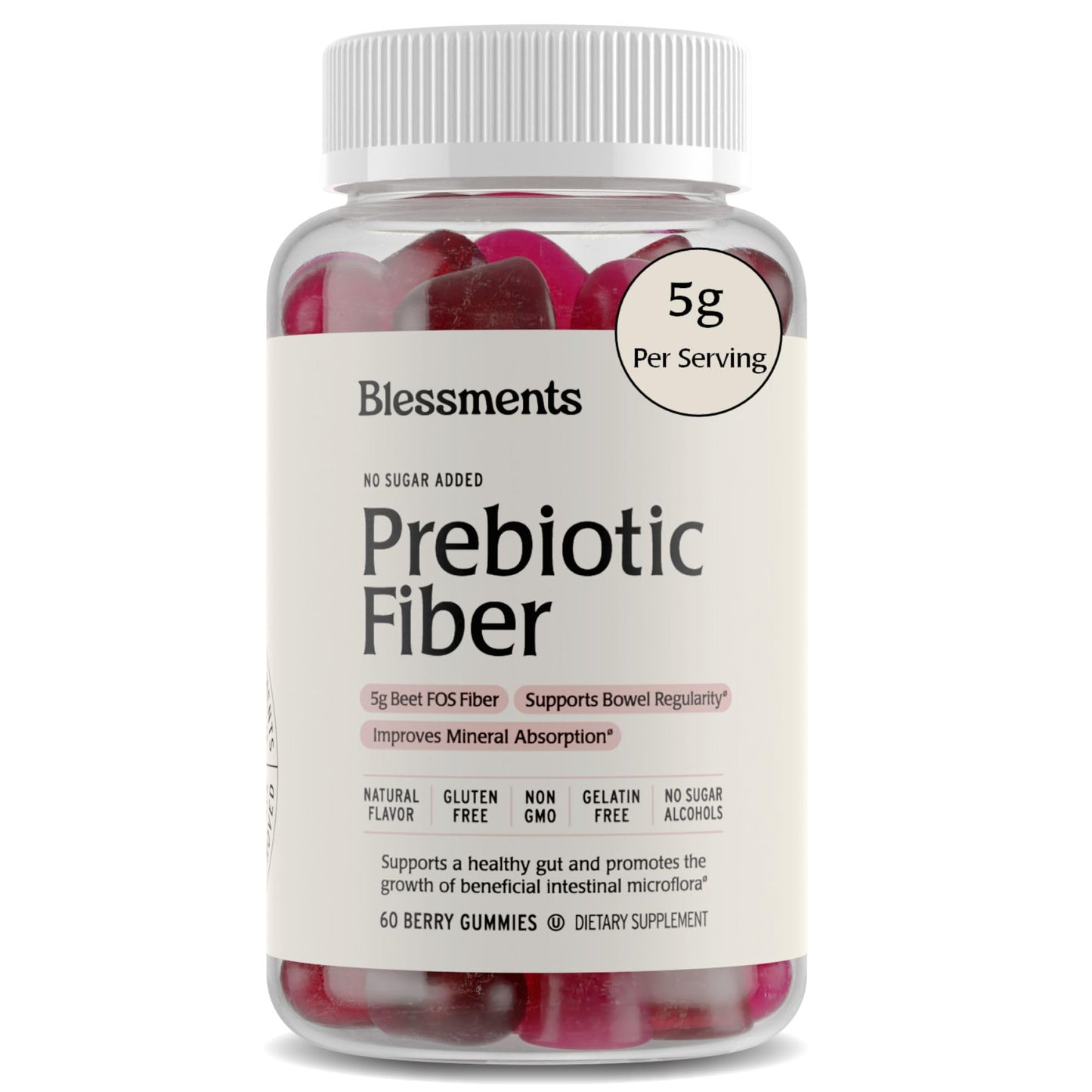 Blessments - Prebiotic Fiber Gummies for Adults & Kids with No Added Sugar- 5g (60 Count) High Fiber Supplement Gummies - Vegan - Keto Friendly - Digestive Health Supplements