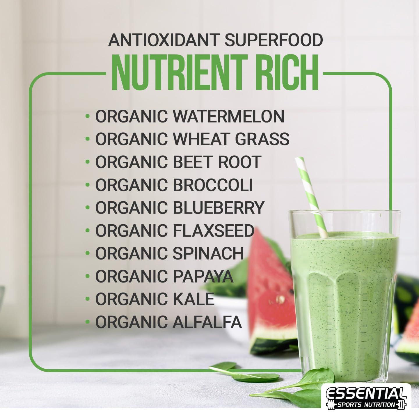 Essential Sports Nutrition Organic Super Greens Powder - Nutrient-Dense Blend for Energy, Detox & Immune Support, USDA Organic, Non-GMO, Vegan-Friendly