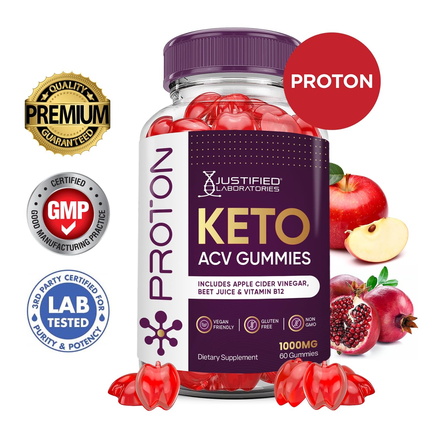 Proton Protein Keto ACV Gummies Advanced Formula 1000MG Proton Keto Gummies Apple Cider Vinegar Boost Formulated with Pomegranate Beet Juice Powder B12 Vegan Non GMO 60 Gummys