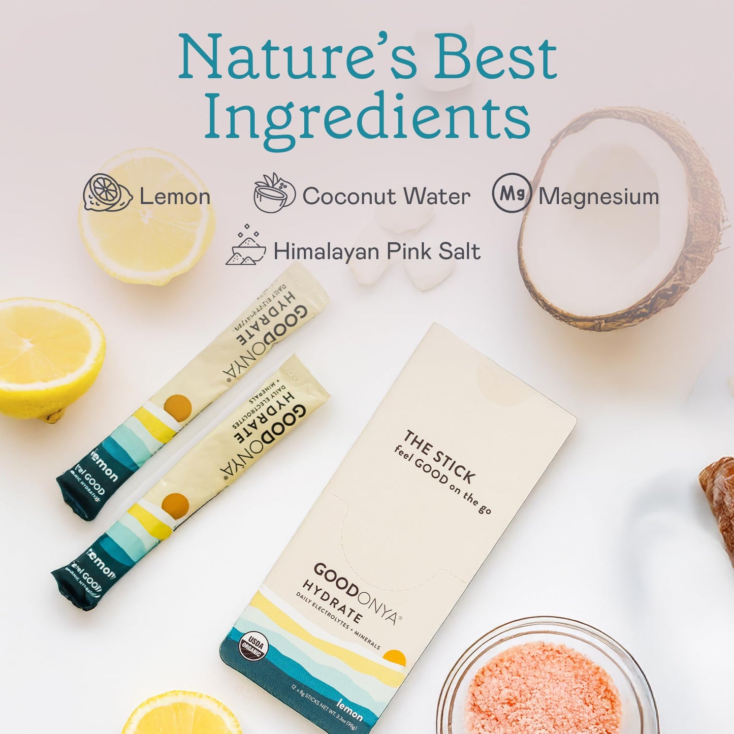 GOODONYA Organic Hydration - Electrolyte Powder Packets | Lemon, Coconut Water, Magnesium, Himalayan Pink Salt | Only 1g Sugar, No Artificial Flavors | USDA Organic & Plant-Based | 12 Stick Packs