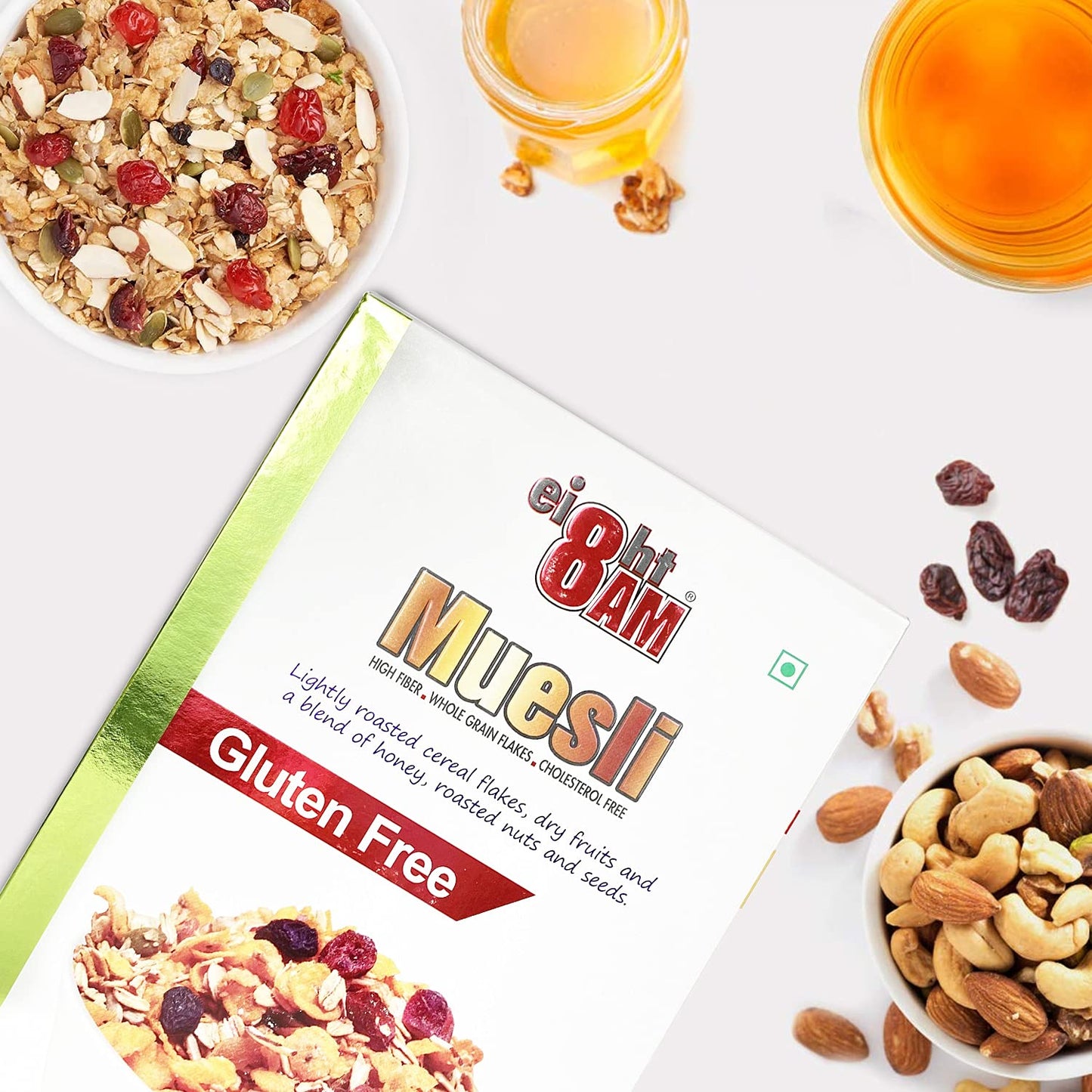 8AM Muesli Gluten Free Dry Fruits and a Blend of Honey Roasted Nuts and Seeds