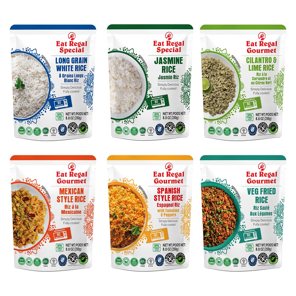 Eat Regal 6 Flavor Ready to Eat Variety Pack of 6 88oz Jasmine Spanish Long Grain White Cilantro  Lime Mexican and Veg Fried Rice  Side Dish  Microwavable Food  Rice Microwavable  Heat and Eat