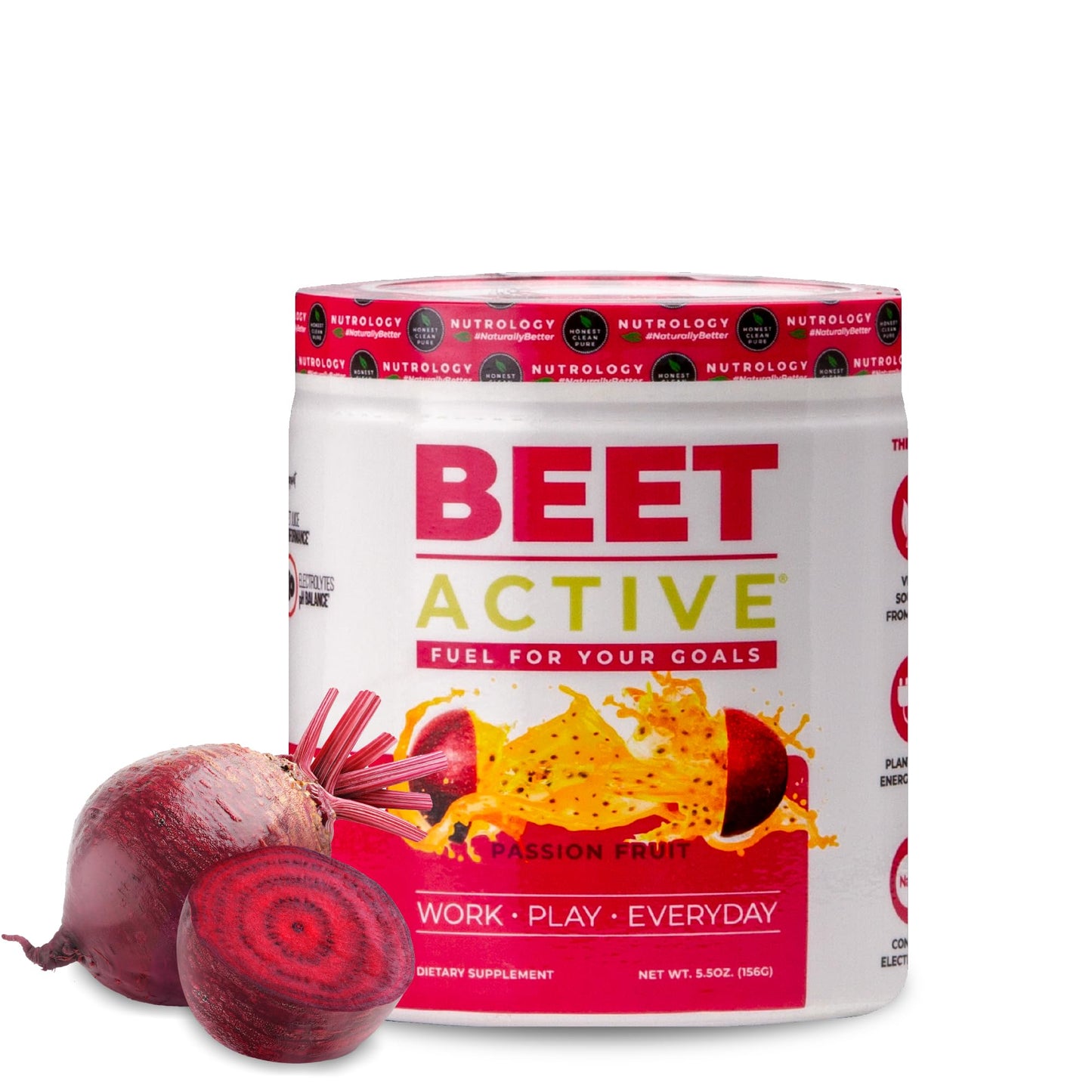 Nutrology Beet Active, Natural Pre-Workout Powder, Supports Energy, Endurance & Nitric Oxide Flow with Beet Powder, Yerba Mate & Electrolytes, Vegan Pre Workout, Passion Fruit Flavor, 30 Servings