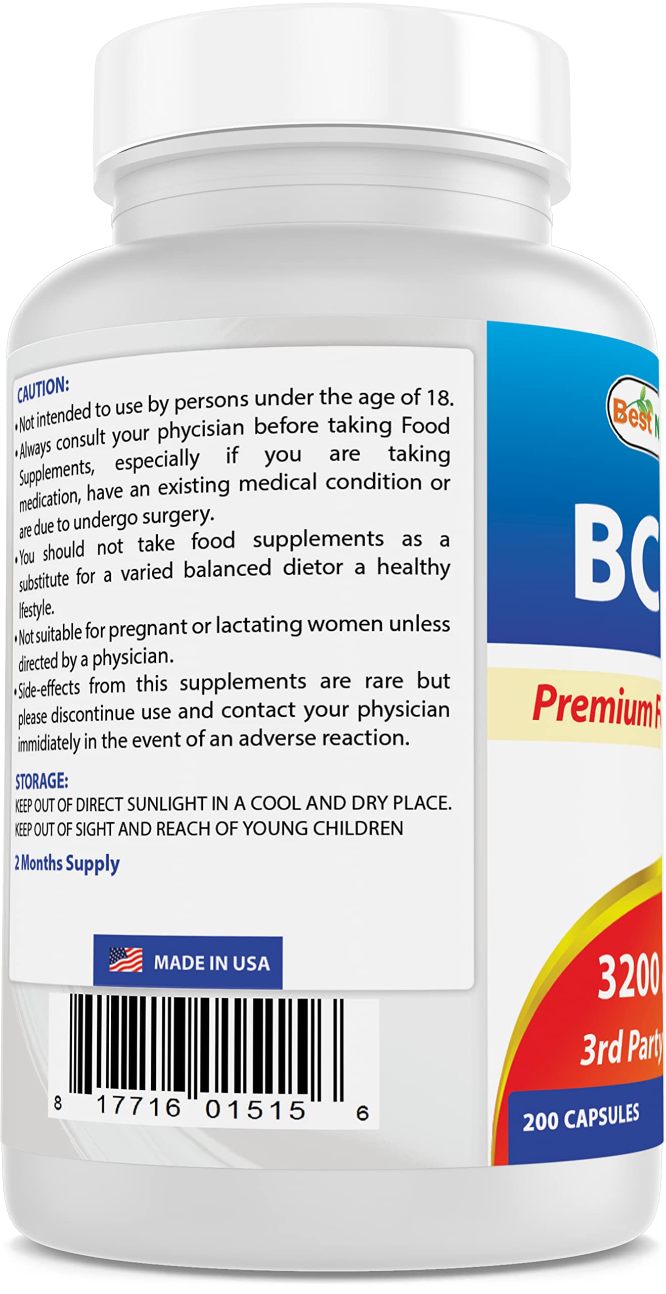 Best Naturals BCAA Branch Chain Amino Acid, 3200mg per Serving, 200 Capsules - Pharmaceutical Grade - 100% Pure Instantized Formula | Pre/Post Workout Bodybuilding Supplement | Boost Muscle Growth