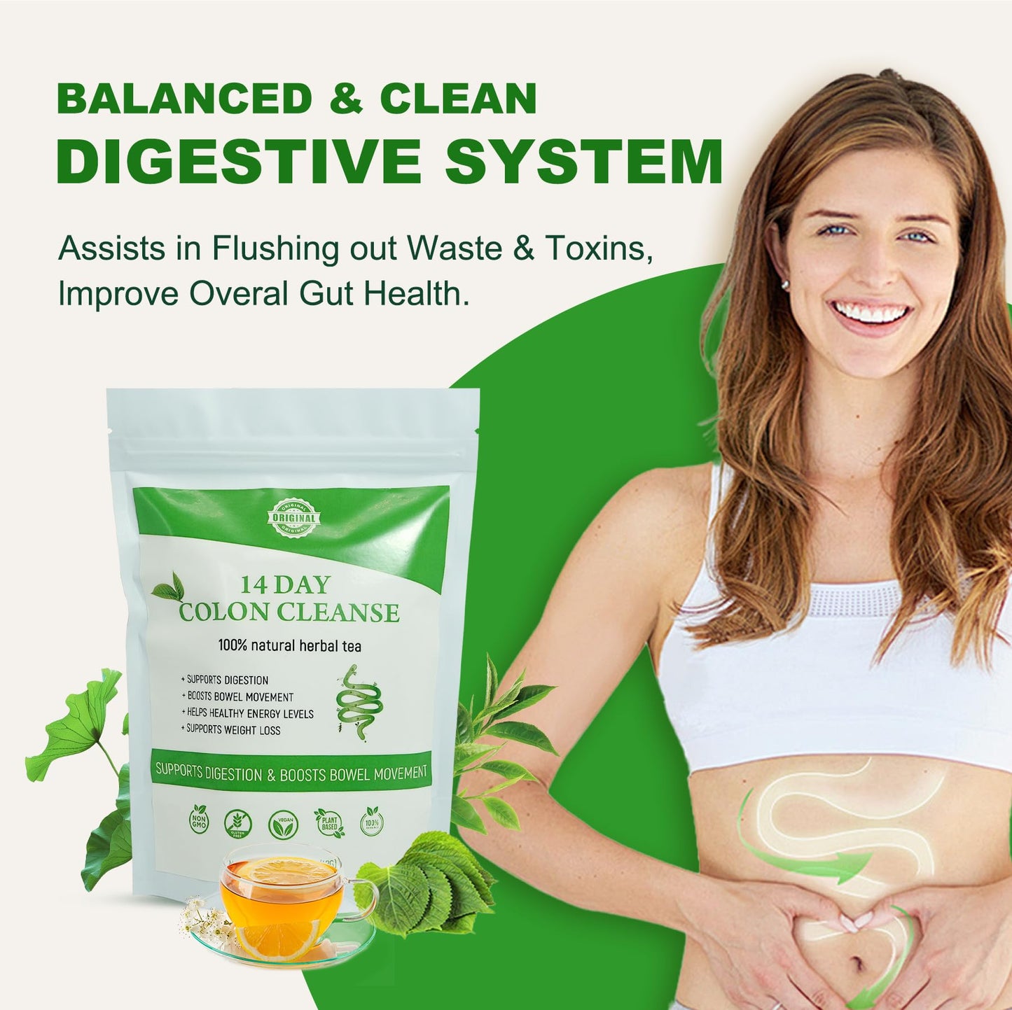Laicuherb Organic 14 Day Colon Cleanse Tea for Body Cleanse & Detox, Natural Colon Detox Tea with Herbal Blend for Men & Women Digestive Health & Gental Gut Cleanse, Caffeine Free