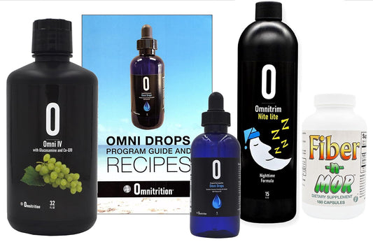 Omnitrition Omni Drop Program Bundle - the "FAB4" Includes: Omni Drops Diet Drops With Vitamin B12 - 4 Ounce Bottle With Program Guide, Omni IV With Glucosamine, OmniTrim Nite Lite, Fiber n Mor