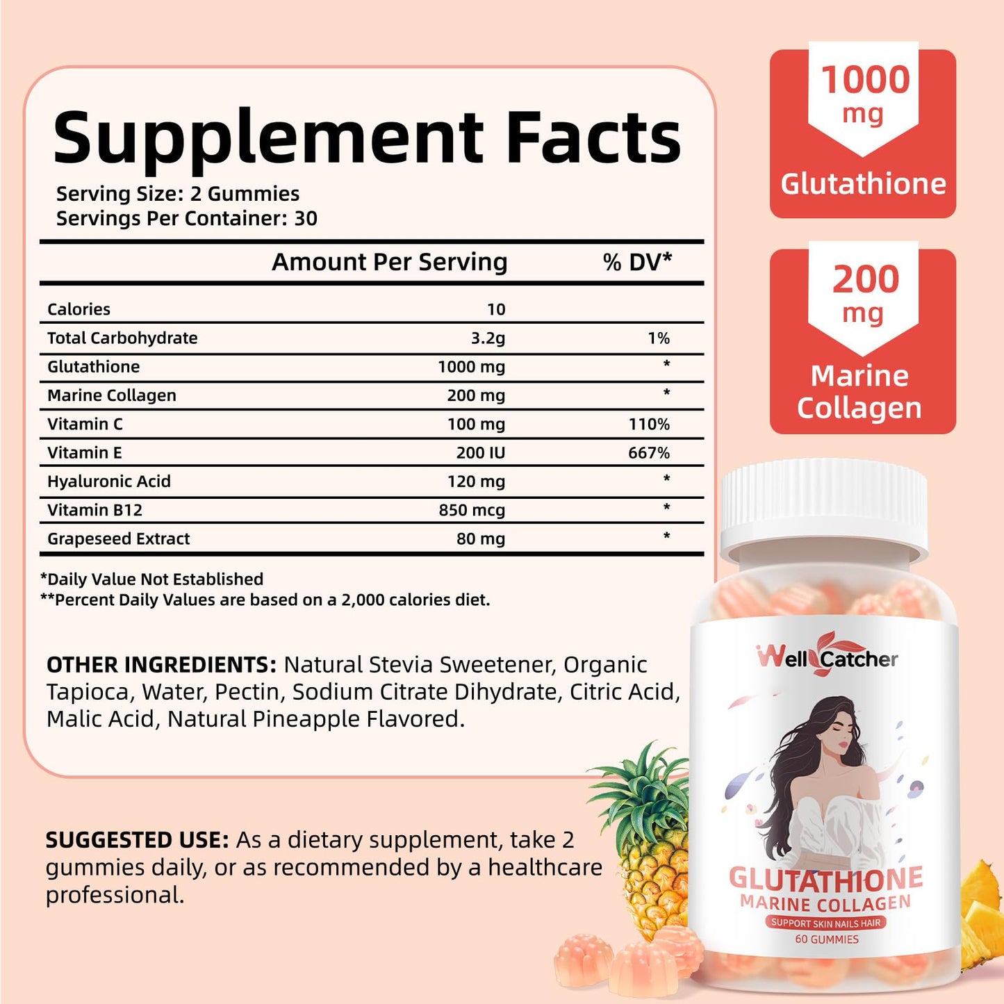 Glutathione Gummies for Skin Whitening - Glutathione 1000mg Supplement with Collagen Vitamin C for Women Sugar-Free with Antioxidant Skin Anti-Aging Immunity Liver Support Pineapple Flavor 60ct