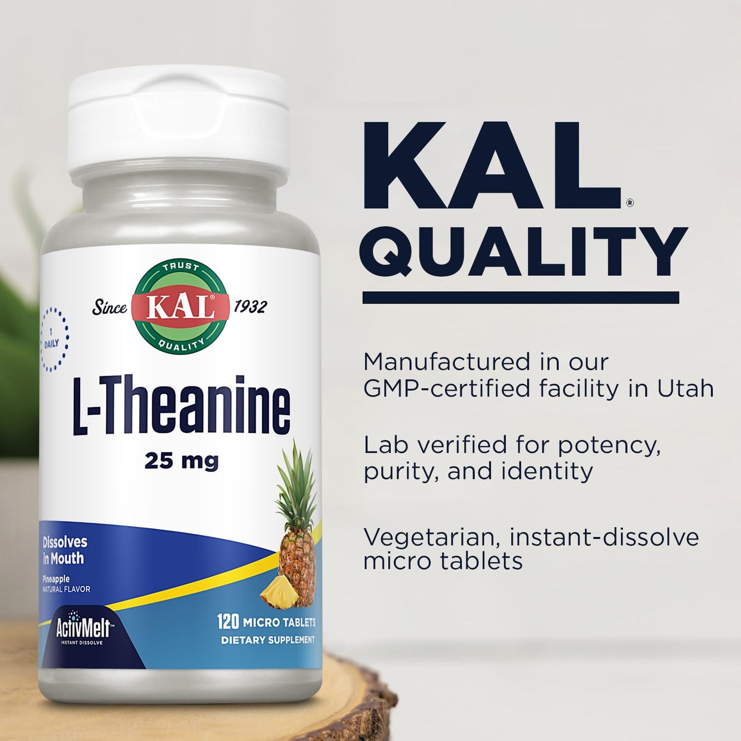 KAL L Theanine 25 mg ActivMelt - Relaxation, Stress, Mood and Focus Supplement - Delicious Natural Pineapple Flavor with Stevia - Vegetarian - 120 Servings, 120 Instant Dissolve Micro Tablets