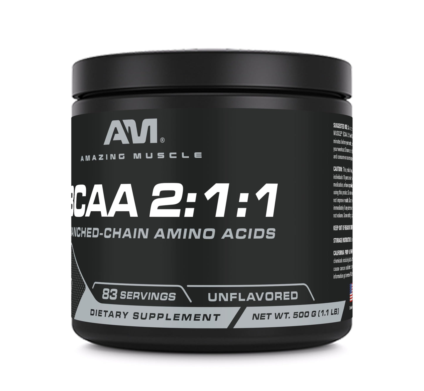 Amazing Muscle BCAA Amino Supplement | 2:1:1 Branched Chain Amino Acid Ratio | Unflavored | Net Weight 500 Grams (1.1 Lb) | Non-GMO | Gluten-Free | Made in USA