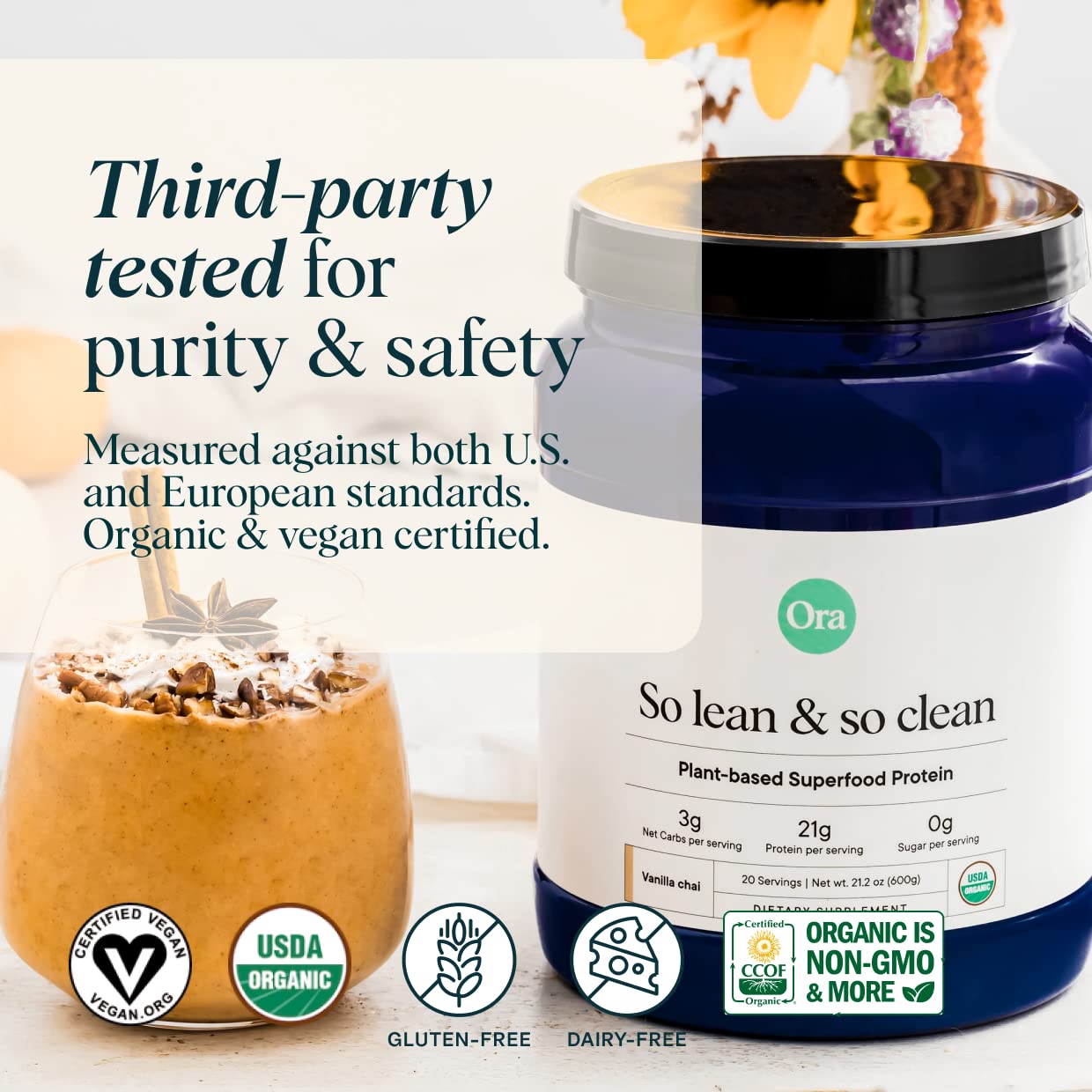 Ora Organic Vegan Protein Powder - 21g Plant Based Protein Powder for Women and Men | Clean Protein Source, Keto Friendly, Gluten Free, Paleo, Dairy-Free, Gluten-Free, Soy-Free (Vanilla Chai)