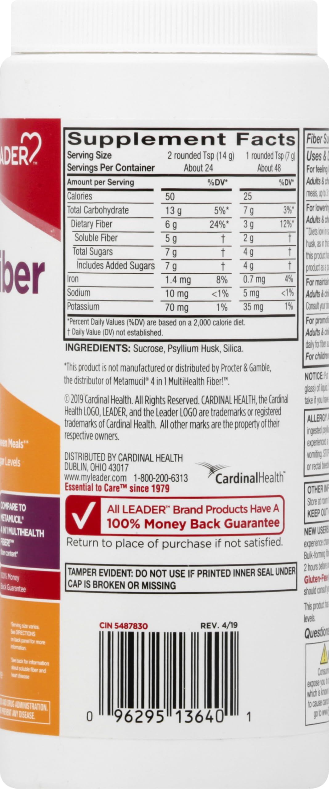 Leader Psyllium Husk Powder Supplement 4-in-1 Fiber for Digestive Health, Plant Based 100% Natural Psyllium Husk Daily Fiber, Gluten Free, Non-GMO, Compare to Meta-mucil Multihealth (13 OZ)