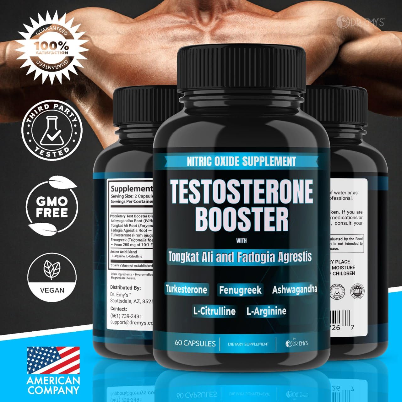 Dr. Emy's (1 Pack Testosterone Booster-Tongkat Ali Fadogia Agrestis Nitric Oxide Ashwagandha Supplement for Men with L Arginine Citrulline Fenugreek - Turkesterone Pre Workout Pump (60 Capsules)