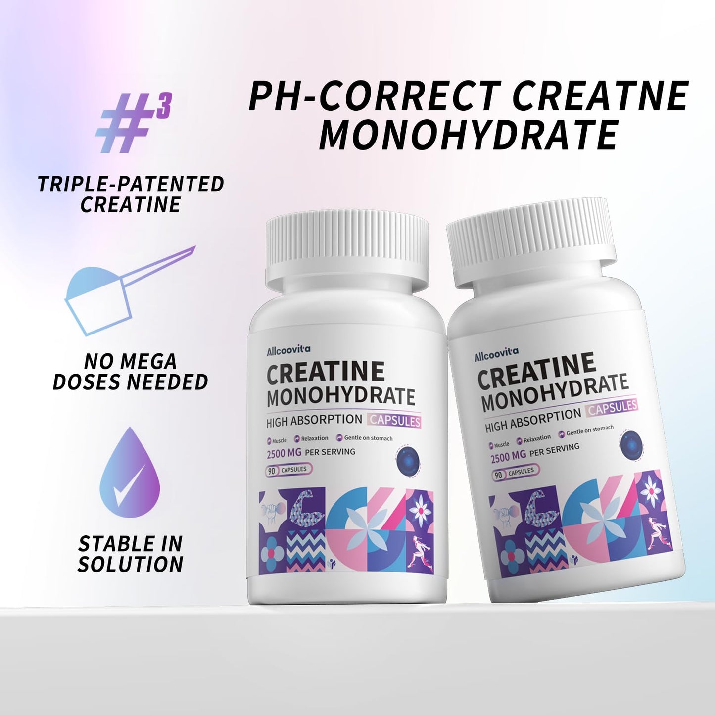 Allcoovita Creatine Monohydrate Capsules -3 Creatine Capsules per Serving, 2500mg, Gluten Free, 90 Capsules