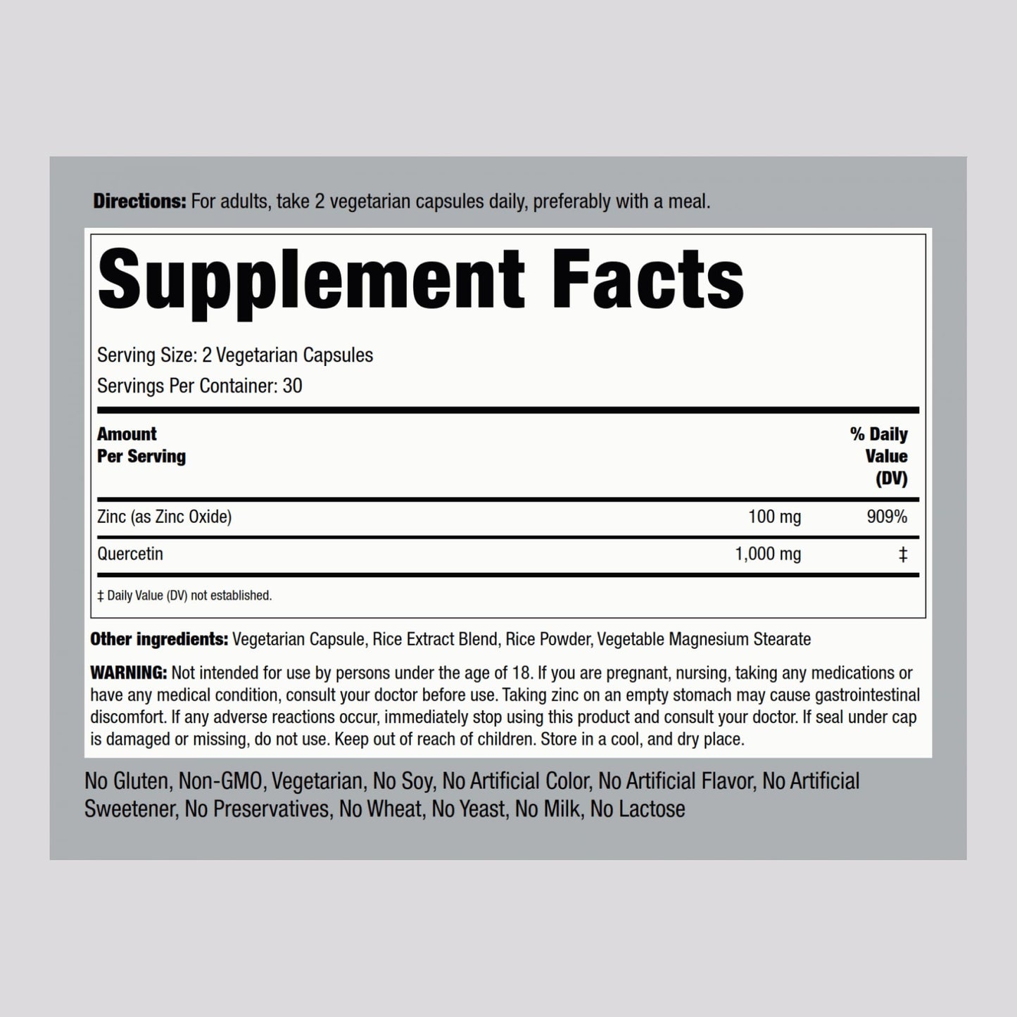 Piping Rock Quercetin Zinc Complex | 1100 mg | 60 Capsules | Non-GMO, Gluten Free Supplement