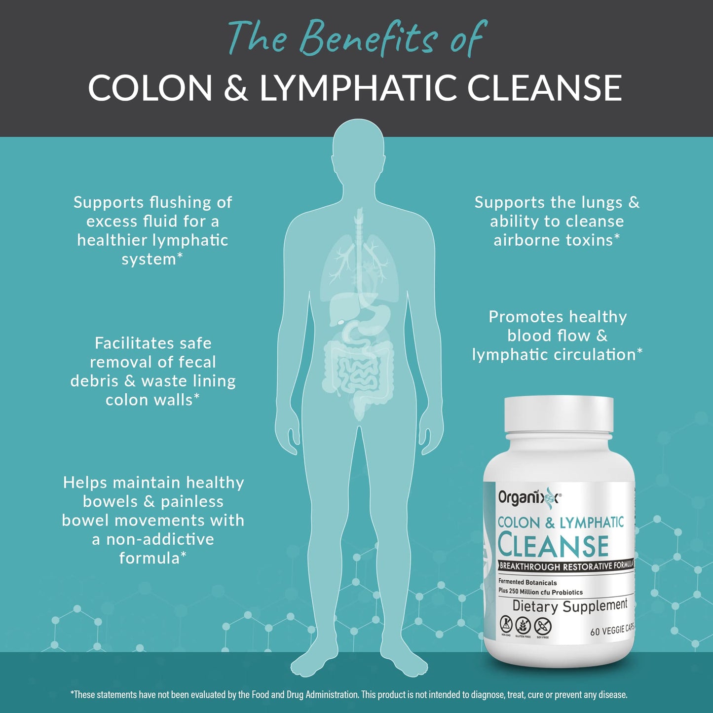 Organixx USDA Organic Lymphatic & Colon Cleanse Supplement, 250 Million CFU Probiotics for Gut Health, Digestive & Lymphatic Support, Gluten Free, Non GMO, 60 Vegetarian Capsules
